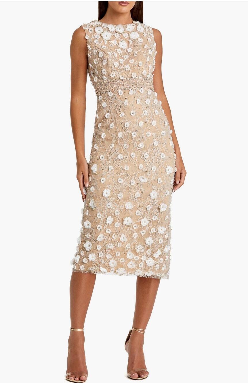Mac Duggal Beaded Floral Appliqué Midi Sheath Dress - Nude Size 8 style 67853